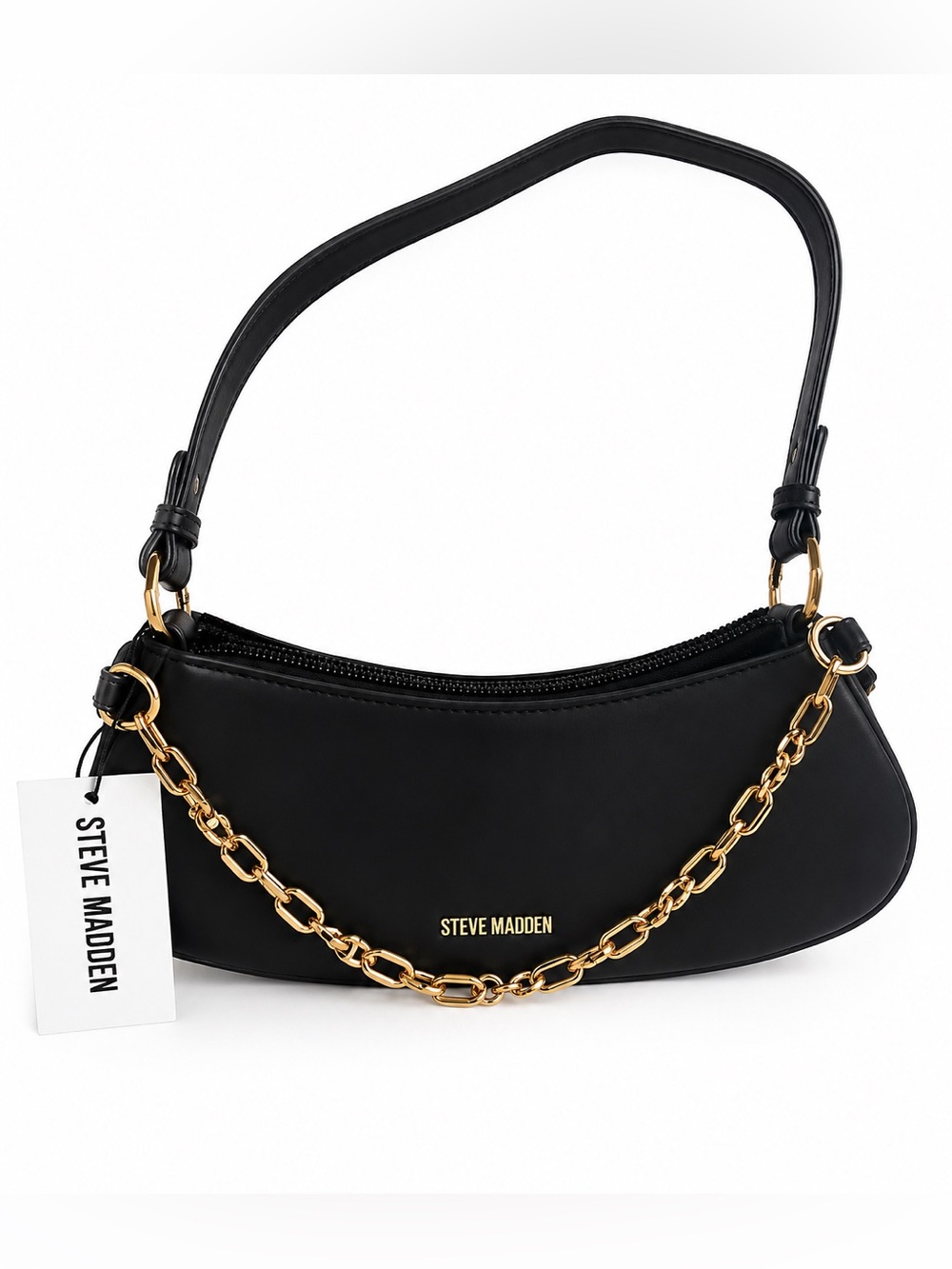 Steve Madden Black Crescent Shoulder Bag with Gold Chain